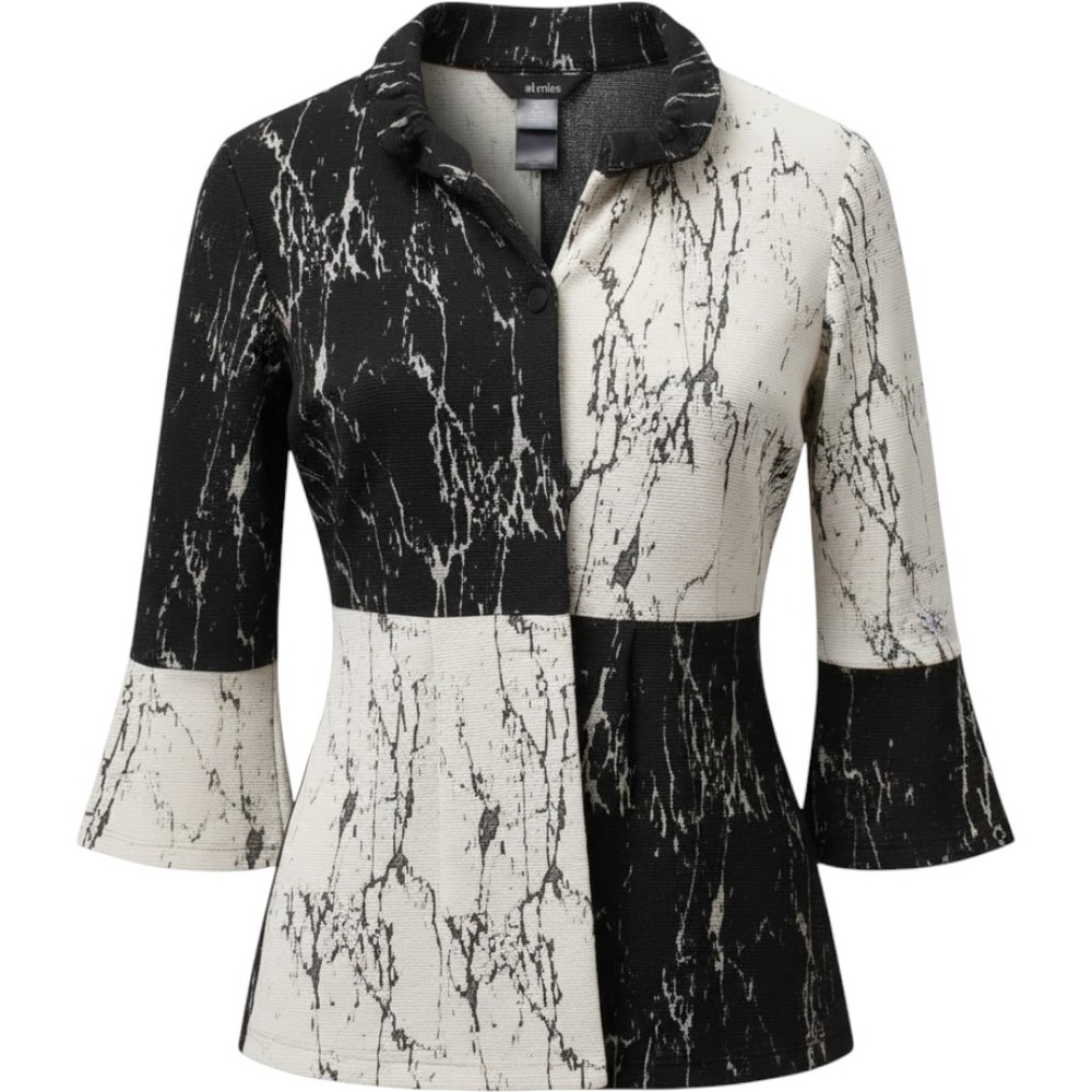 Ali Miles Womens Small Black White Colorblock Marble Print Mock Neck Tunic Top